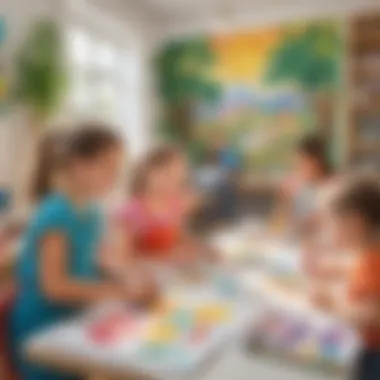 Children painting colorful murals in a sunny art studio