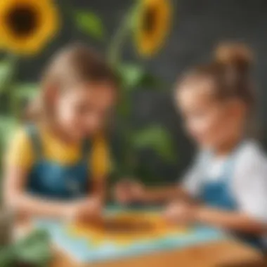 Kids Engaged in Sunflower Painting Fun Children enjoying sunflower painting activity