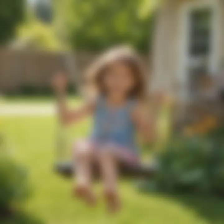 A child enjoying a swing in a sunny backyard