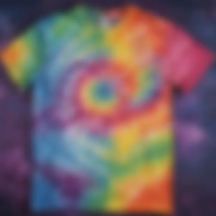 A completed tie dye t-shirt displaying a burst of colors