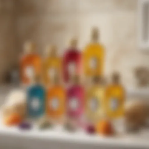 A collection of luxurious bath oils in elegant bottles