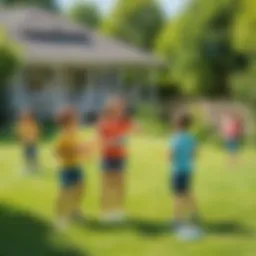 Children engaged in a game of frisbee in a sunny yard