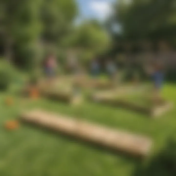 Children building a fun obstacle course with various backyard items