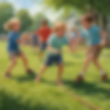 Kids enjoying a game of tug-of-war in a grassy area
