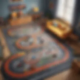 A vibrant toy car track set up in a playful room