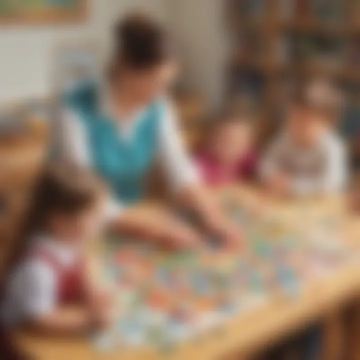 Educator guiding children through puzzle counting techniques