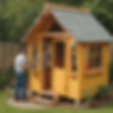 Safety Inspection of a Playhouse A parent inspecting the safety features of a playhouse