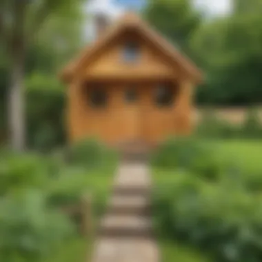 Beautifully Maintained Wooden Playhouse A beautifully maintained wooden playhouse surrounded by lush greenery