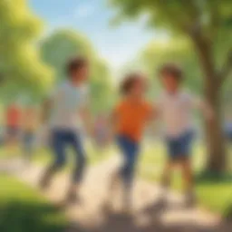 Children playing tag in a sunny park