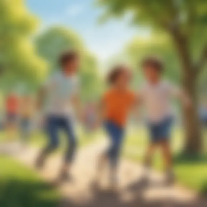 Children playing tag in a sunny park