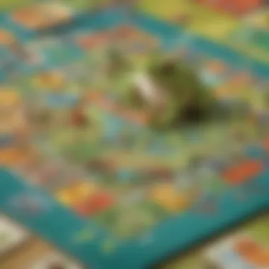 Educational Frog-Themed Board Game A close-up of a colorful board game centered around frogs, displaying educational elements and strategic gameplay.