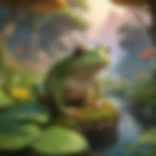A vibrant digital illustration of a frog character in a fantastical landscape, representing a digital frog game for children.