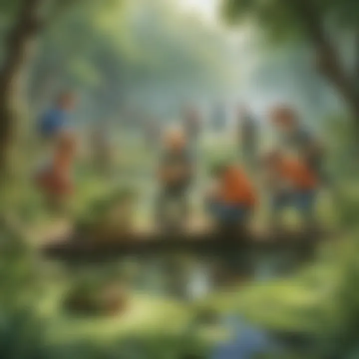 A scene of kids participating in a frog-themed outdoor activity, promoting physical engagement and creativity.
