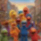 A colorful display of Sesame Street characters engaging with children
