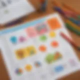 A colorful assortment of educational worksheets laid out on a desk.