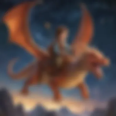 Illustration of a young child riding a friendly dragon under the stars