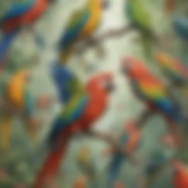 Vibrant Parrot Interaction Colorful parrots interacting in virtual zoo tour