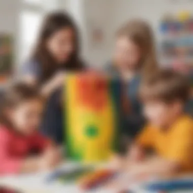 Creative Engagement with Crayon Banks Children engaging creatively with large crayon banks and art supplies.