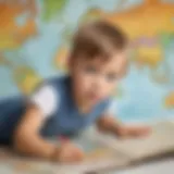 Illustration of a child exploring a world map printable