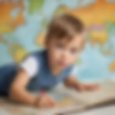 Illustration of a child exploring a world map printable