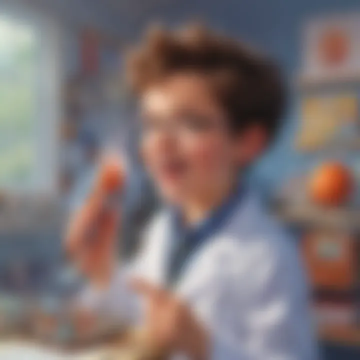 Excited young boy presenting his scientific discovery at a science fair