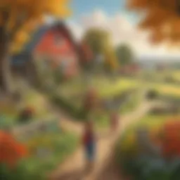 Colorful farm landscape with children exploring