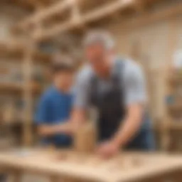 A father and son engaged in a building project, showcasing teamwork.