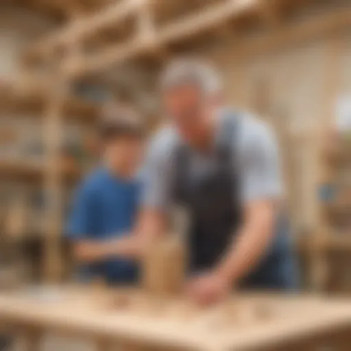 A father and son engaged in a building project, showcasing teamwork.