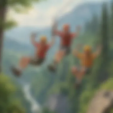 Completed zip line with joyful riders enjoying the ride Finished zip line with happy riders zipping through the air
