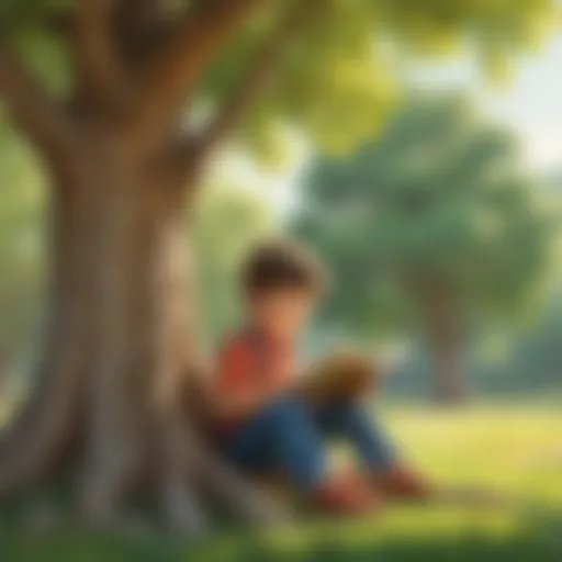 First grader reading under a tree