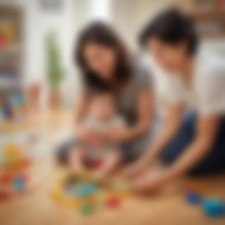 A parent and child exploring Fisher Price Spanish toys together.