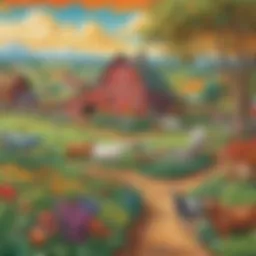 Colorful farm landscape with animals