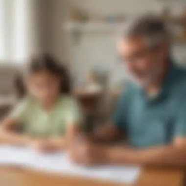 Parent Supporting Child with Long Division Worksheet Parent assisting a child with a long division worksheet at home