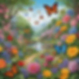 Vibrant spring scene with flowers and butterflies