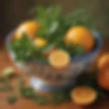 Fresh herbs and citrus fruits in a decorative bowl