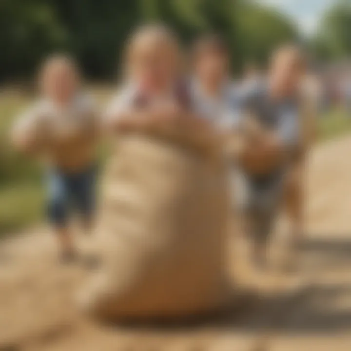 Children engaging in a competitive sack race