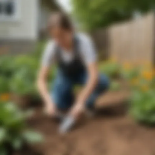 Teenager gardening with a hand trowel in the backyard