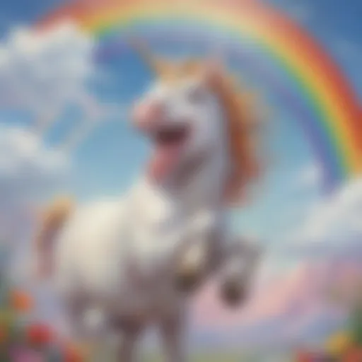 Laughing unicorn on rainbow