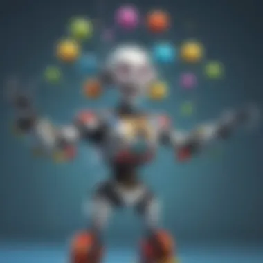 Smiling robot juggling colorful balls