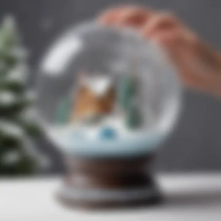 Delicate glass globe being carefully filled with snowy elements