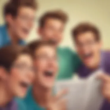 Illustration of a group of middle schoolers laughing together at dad jokes