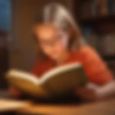 An individual deeply focused while reading a book under warm lighting