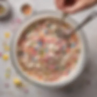 Colorful sprinkles being added to homemade ice cream mixture