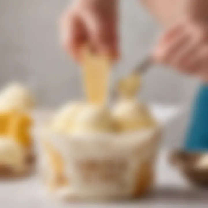 Creamy vanilla ice cream being hand-packed into a bag