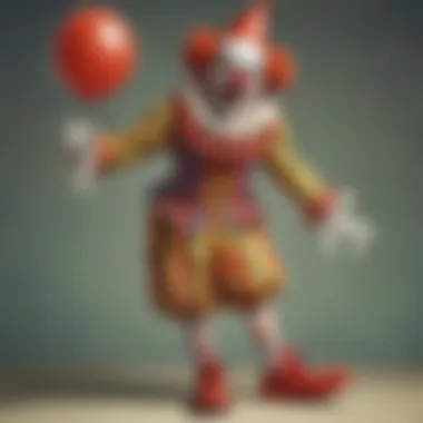 Illustration of a whimsical clown with a red nose and oversized shoes