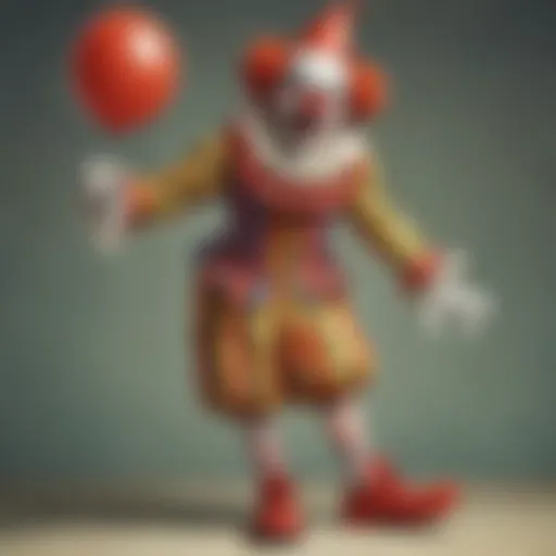 Illustration of a whimsical clown with a red nose and oversized shoes
