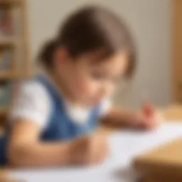 Illustration showing a child tracing the letter A with focus and determination