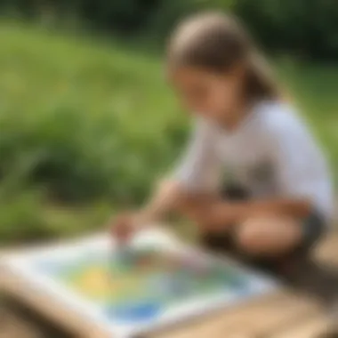 Outdoor painting session featuring a child expressing creativity on a large canvas with natural scenery as inspiration