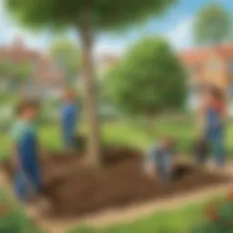 Children planting trees in a community garden