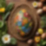 Colorful eggs adorned with natural materials like flowers and leaves